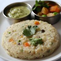 A close-up of a upma, with a savory porridge made from semolina, vegetables, and spices, served with coconut chutney and a sprinkle of cilantro, arranged on a plate, isolated on clean white background photo