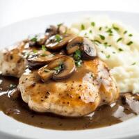 A meticulous close-up of a plate of chicken marsala, featuring pan-seared chicken in a rich marsala wine sauce with mushrooms, served with mashed potatoes. The chicken marsala, with its savory photo