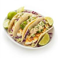 A beautifully arranged platter of fish tacos, featuring grilled white fish, cabbage slaw, and a spicy crema, served with lime wedges. The fish tacos, with their fresh flavors and crunchy slaw, offer a photo