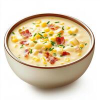 An artistic image of a bowl of creamy corn chowder, filled with sweet corn kernels, tender potatoes, and crispy bacon, garnished with fresh chives. The corn chowder, with its sweet and savory flavor, photo