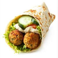 A close-up of a falafel wrap, filled with crispy falafel balls, hummus, tahini sauce, lettuce, tomatoes, and cucumbers, wrapped in a warm pita bread and cut in half, isolated on clean white background photo