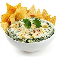 A bowl of spinach and artichoke dip, with a creamy blend of spinach, artichokes, cream cheese, and parmesan cheese, served with tortilla chips and vegetable sticks, garnished with fresh parsley and a photo