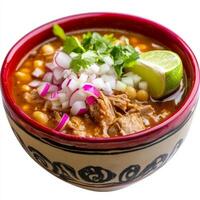 A close-up of a warm bowl of pozole, a traditional Mexican stew, with tender pork, hominy, and a flavorful broth, garnished with shredded cabbage, onions, radishes, and lime wedges, served in a photo