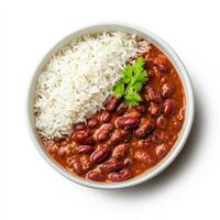 A bowl of rajma chawal, with red kidney beans cooked in a spicy tomato sauce, served with rice, isolated on clean white background. photo