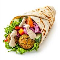 An image of a colorful falafel wrap, featuring falafel, vegetables, and tahini sauce in a pita bread, offering a Middle Eastern culinary delight. The falafel, with its crispy exterior and soft, photo