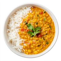 A bowl of dal tadka, with yellow lentils cooked in a flavorful tomato and onion sauce, tempered with spices, served with rice, isolated on clean white background. photo