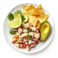 A beautifully arranged image of a plate of ceviche, featuring fresh seafood marinated in lime juice with cilantro and onions, served with avocado and tortilla chips. The ceviche, with its bright, photo