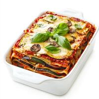 A vibrant plate of vegetable and mushroom lasagna, with layers of zucchini, eggplant, mushrooms, spinach, ricotta cheese, and marinara sauce, baked until bubbly and golden brown, garnished with fresh photo