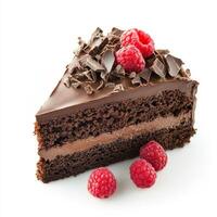 A tantalizing shot of a slice of decadent chocolate hazelnut cake, adorned with chocolate shavings and fresh raspberries. The chocolate hazelnut cake, with its rich, nutty flavor and moist texture, photo