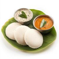 A close-up of a idli, with steamed rice cakes made from rice and lentil batter, served with sambar and chutney, arranged on a banana leaf, isolated on clean white background. photo