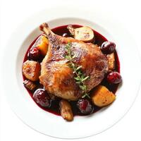 An image of a plate of duck confit, served with roasted root vegetables and a cherry sauce, presented on a clean white background. The duck confit, with its crispy skin and tender meat, offers a photo