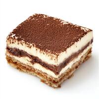 An enticing shot of a slice of tiramisu, featuring layers of espresso-soaked ladyfingers and creamy mascarpone, dusted with cocoa powder. The tiramisu, with its rich coffee flavor and creamy texture, photo