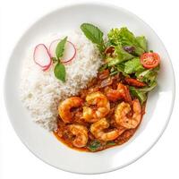 A plate of prawn balchao, with prawns cooked in a spicy and tangy tomato and vinegar sauce, served with rice and a side of salad, garnished with curry leaves, isolated on clean white background. photo