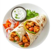 A plate of chicken tikka masala wrap, with chicken tikka masala wrapped in a roti with onions and peppers, served with raita, isolated on clean white background. photo