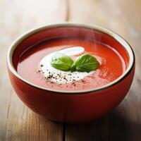 A steaming bowl of creamy tomato soup, topped with a swirl of fresh cream and a sprig of aromatic basil, resting on a rustic wooden table. The soup, with its vibrant red hue and comforting aroma, photo