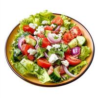 A vibrant plate of nopalitos salad, a refreshing salad with cactus paddles, tomatoes, onions, cilantro, and queso fresco, dressed with a light vinaigrette, served on a bed of lettuce, isolated on photo