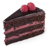 A close-up of a slice of decadent chocolate raspberry cake, its layers of moist chocolate cake and raspberry cream, topped with dark chocolate ganache and fresh raspberries. The chocolate raspberry photo