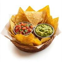 A close-up of a basket filled with crispy tortilla chips, served with a side of guacamole and salsa roja, perfect for dipping and sharing. isolated on clean white background. photo