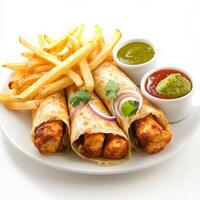 A plate of chicken 65 roll, with chicken 65 pieces wrapped in a flaky paratha, with onions and chutney, served with french fries, isolated on clean white background. photo
