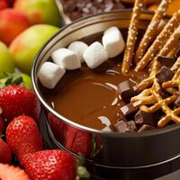 A delectable close-up of a chocolate fondue pot, surrounded by fresh fruit slices, marshmallows, and pretzel sticks, creating an interactive dessert experience. The chocolate fondue, with its warm, photo