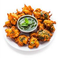 A plate of vegetable pakoras, with crispy fritters made from mixed vegetables and gram flour, served with mint chutney, isolated on clean white background. photo