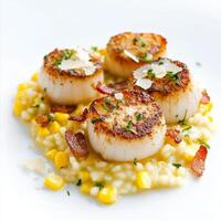 A well crafted shot of a plate of seared scallops, served on a bed of creamy corn risotto with crispy bacon and Parmesan cheese. The seared scallops, with their delicate sweetness and buttery texture, photo
