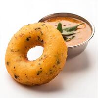 A close-up of a medu vada, with a savory doughnut made from urad dal, served with sambar and coconut chutney, isolated on clean white background. photo
