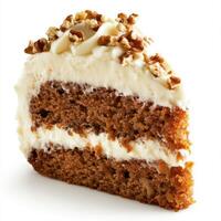 A close-up of a slice of moist carrot cake, topped with a creamy cream cheese frosting and sprinkled with chopped walnuts. The carrot cake, with its sweet and spiced flavor, offers a classic dessert photo