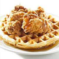 A meticulous close-up of a plate of chicken and waffles, featuring crispy fried chicken and fluffy waffles, drizzled with maple syrup. The chicken and waffles, with their contrasting textures and photo