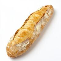 A detailed close-up of a freshly baked baguette, its crust golden brown and crisp, revealing a soft and airy interior, lying diagonally across a pure white surface. The baguette, with its subtle photo