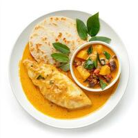A plate of fish molee, with fish cooked in a creamy coconut and turmeric sauce, served with appam bread and a side of vegetable stew, garnished with curry leaves, isolated on clean white background. photo