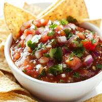 A close-up of a spicy chipotle salsa, a smoky and flavorful salsa, made with chipotle peppers, tomatoes, onions, and cilantro, served with tortilla chips, isolated on clean white background. photo