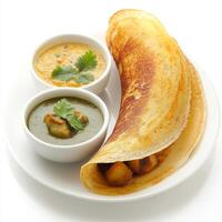 A plate with a dosa and two small bowls of soup photo