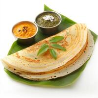 A close-up of a rava dosa, with a crispy crepe made from semolina batter, served with coconut chutney and sambar, arranged on a banana leaf, isolated on clean white background. photo
