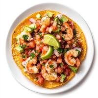 A vibrant plate of shrimp ceviche tostadas, featuring crispy tostadas topped with shrimp marinated in lime juice, avocado, pico de gallo, and a drizzle of hot sauce. isolated on clean white background photo