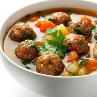 A close-up of a hearty bowl of albondigas soup, Mexican meatball soup, with tender meatballs, vegetables, and a flavorful broth, garnished with cilantro, isolated on clean white background. photo