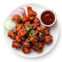 A plate of chicken 65, with crispy chicken pieces marinated in spices and deep-fried, served with schezwan sauce and onions, isolated on clean white background. photo
