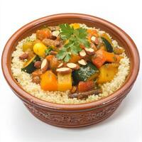 An image of a colorful vegetable tagine, served with fluffy couscous and garnished with fresh herbs and almonds. The vegetable tagine, with its blend of sweet and savory flavors, offers a delightful photo