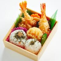 A close-up of a delicate Japanese bento box, filled with a variety of colorful dishes, including rice balls, tempura shrimp, and pickled vegetables. The bento box, with its intricate arrangement and photo