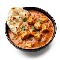 A bowl of creamy butter chicken curry, with chunks of chicken in a rich tomato and cream sauce, served with a side of naan bread, isolated on clean white background. photo