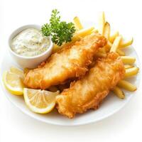 A detailed image of a plate of fish and chips, featuring crispy battered fish fillets and golden-brown French fries, served with tartar sauce and lemon wedges. The fish and chips, with their crispy photo