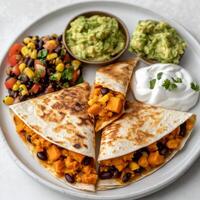 A plate of sweet potato and black bean quesadillas, filled with a flavorful mixture of sweet potatoes, black beans, corn, spices, cheese, and a hint of smoky chipotle, served with guacamole, salsa, photo