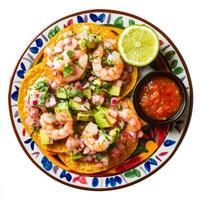 A plate of shrimp ceviche tostadas, crispy tostadas topped with shrimp ceviche, avocado, and a squeeze of lime juice, arranged on a colorful plate with a side of hot sauce, isolated on clean white photo