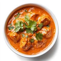 A bowl of chicken tikka masala, with tender pieces of chicken marinated in yogurt and spices, served in a creamy tomato sauce, garnished with fresh cilantro, isolated on clean white background. photo