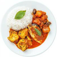 A plate of fish vindaloo, with fish cooked in a spicy vinegar and chili sauce, served with rice and a side of vegetable aviyal, garnished with curry leaves, isolated on clean white background. photo
