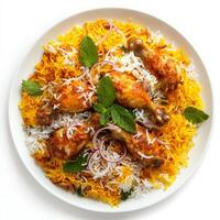 A plate of chicken 65 biryani, with chicken 65 pieces cooked with basmati rice and spices, garnished with fried onions, mint leaves, and a sprinkle of saffron, isolated on clean white background. photo