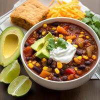A bowl of vegetable and black bean chili, with tender vegetables, black beans, corn, spices, cocoa, and a touch of cinnamon, simmered in a flavorful tomato-based broth, served with avocado, sour cream photo