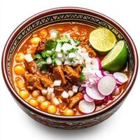 Mexican chicken stew in a bowl with cilantro and lime photo
