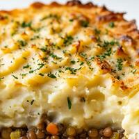 A close-up of a lentil and vegetable shepherd's pie, with a lentil and vegetable filling topped with a creamy mashed potato crust, baked until golden brown and bubbly, sprinkled with fresh parsley, photo