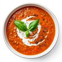 A bowl of creamy tomato and lentil soup, with tender lentils, tomatoes, carrots, celery, and onions, blended until smooth and creamy, topped with a swirl of coconut cream and fresh basil leaves, photo
